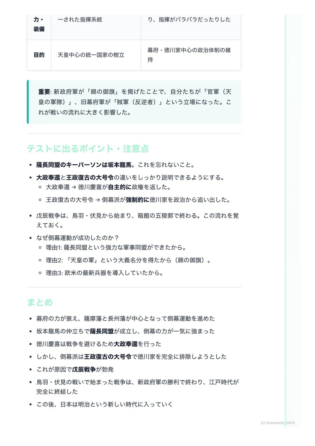 # 倒幕運動と戊辰戦争

倒幕運動と戊辰戦争の概要

開国後、幕府の力が弱まり、国内は混乱した。幕府の政治に不満を持つ武士たち
を中心に、天皇を中心とした新しい国づくりを目指す動きが強まっていく。特に
力のあった薩摩藩と長州藩が中心となり、幕府を倒すための倒幕運動が本格化
し、つ