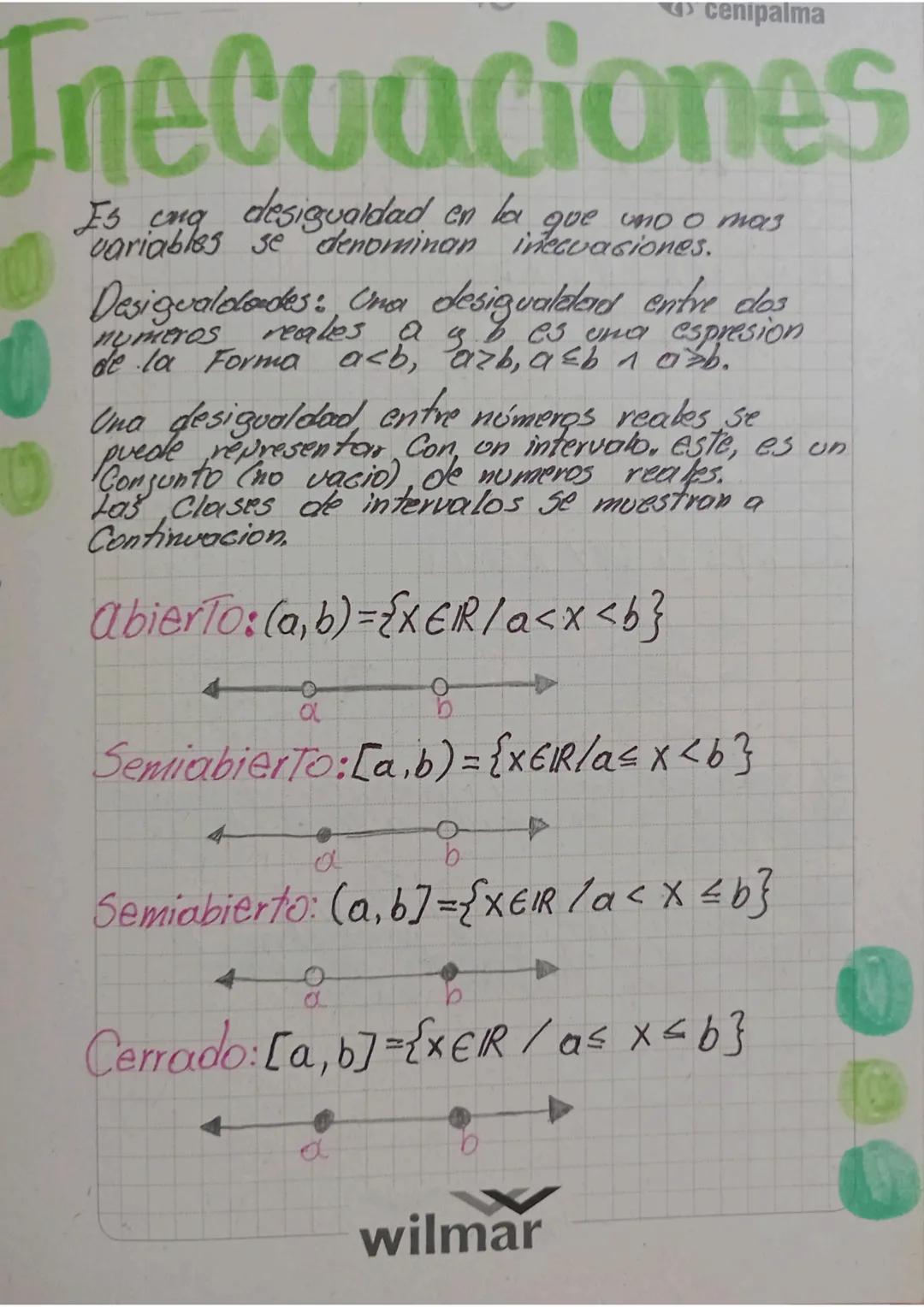 cenipalma
Inecuaciones
Is cong desigualdad en la que uno o mas
variables se denominan inecuaciones.
Desigualdades: Una desigualdad entre dos