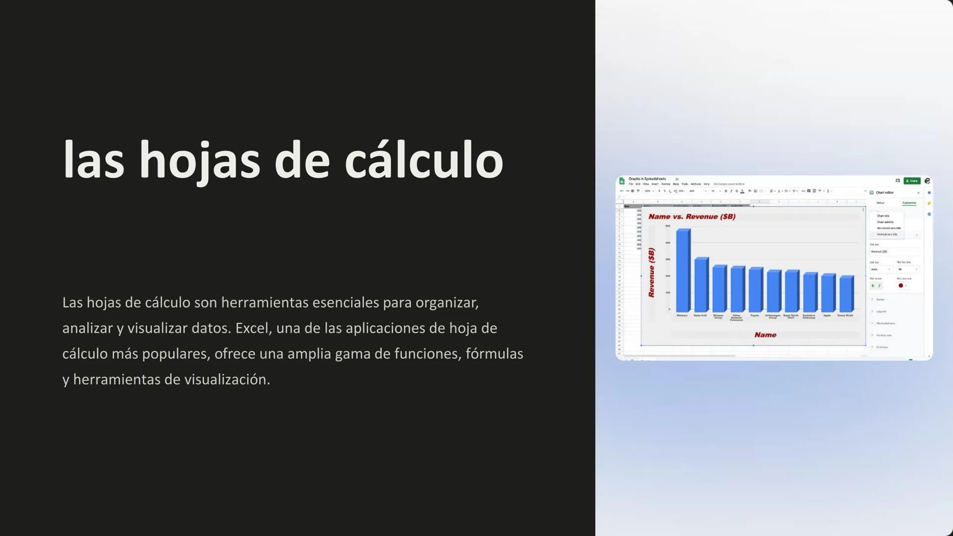 las hojas de cálculo
Graphs in Spreadsheets
Ser Vem Tids Afon p
Las hojas de cálculo son herramientas esenciales para organizar,
analizar y 