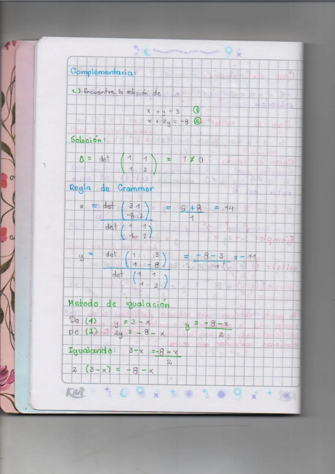 の
e
Complementaria:

1.) Encuentre la solución de

$x + y = 3$ ①
$x + 2y = -8$ ②

Solución:

$\Delta$= det $\begin{pmatrix} 1 & 1 \ 1 & 2 \ 