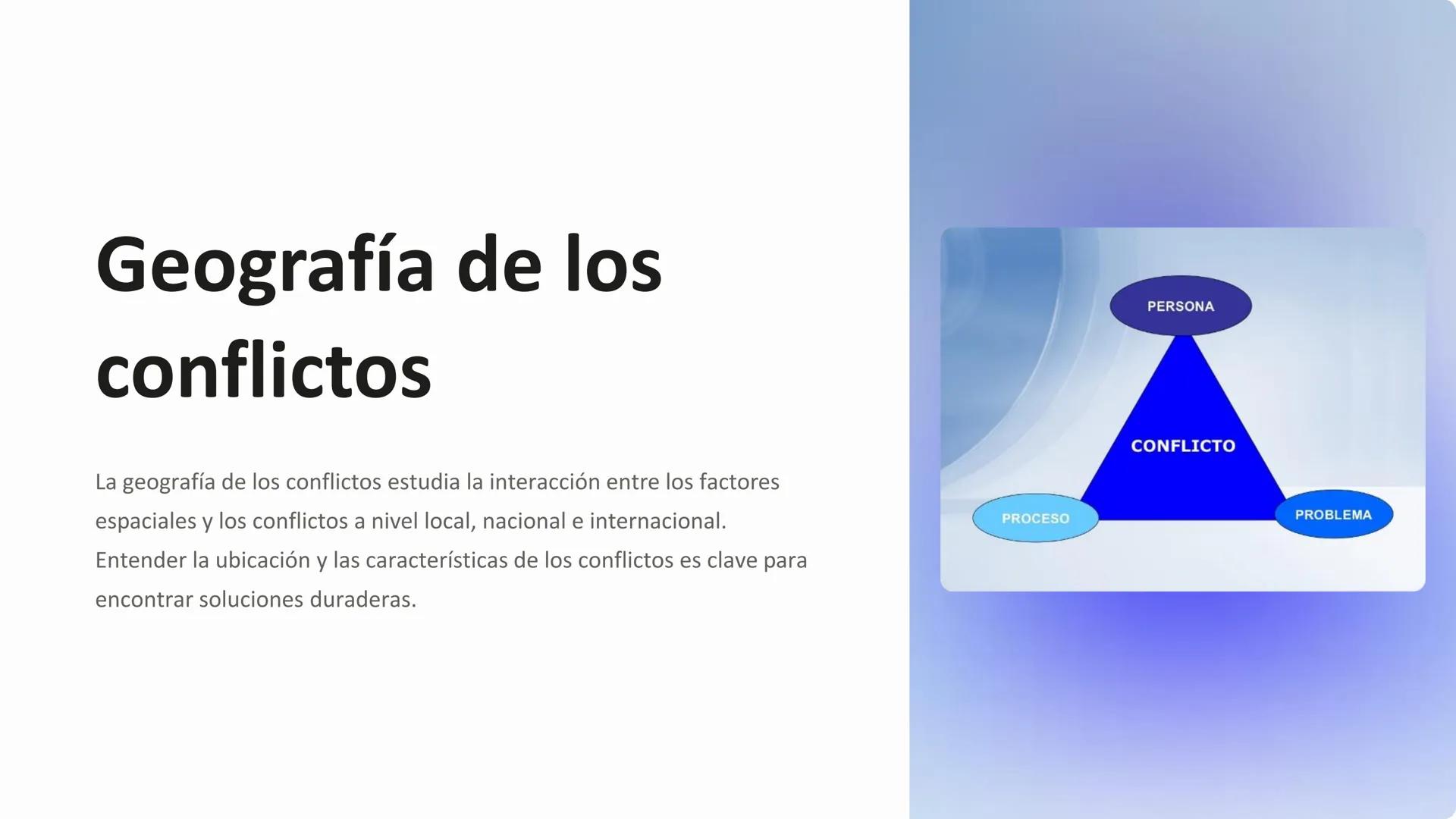Geografía de los
conflictos
La geografía de los conflictos estudia la interacción entre los factores
espaciales y los conflictos a nivel loc