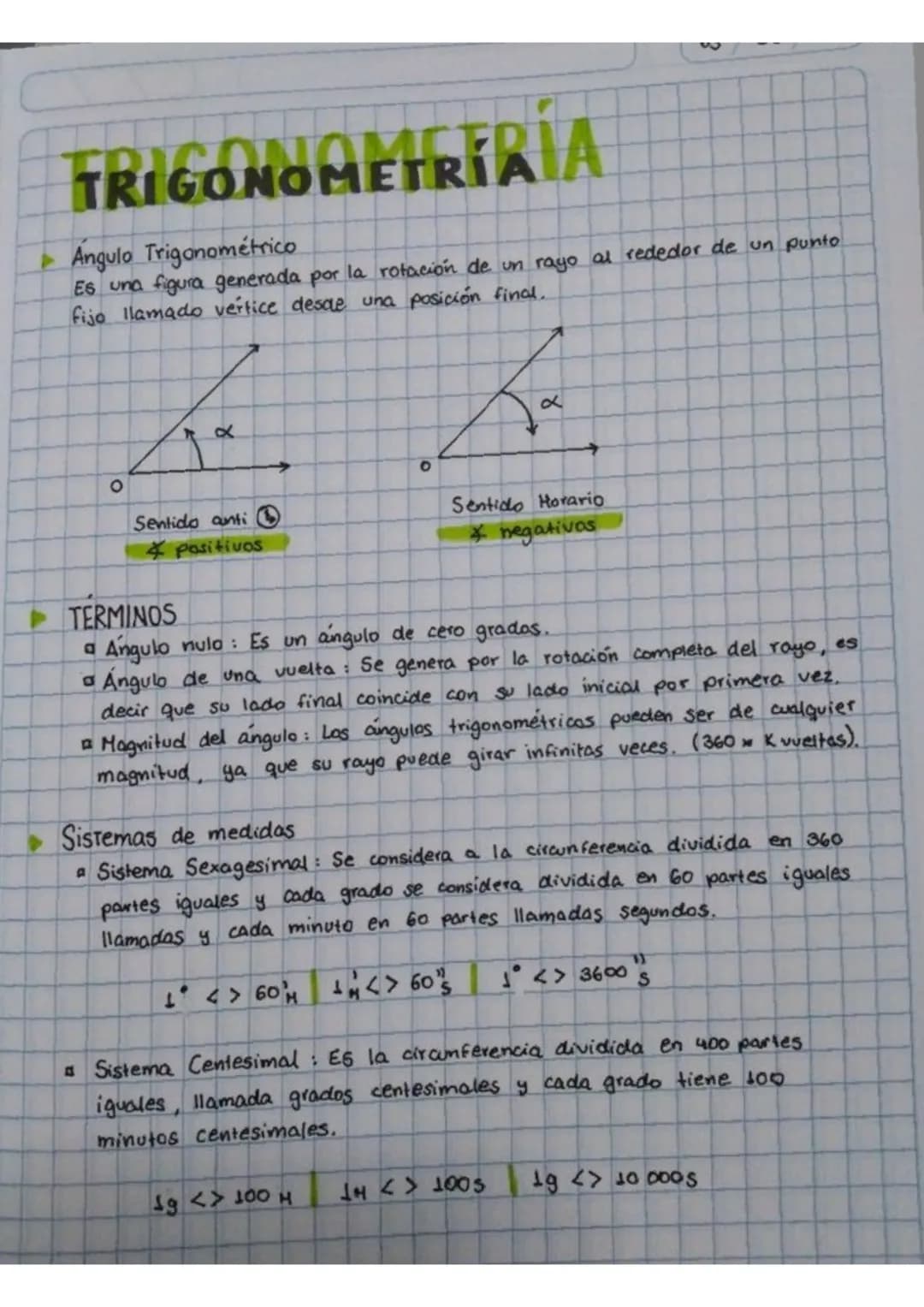 TRIGONOMETRIAIA
Angulo Trigonométrico
Es una figura generada por la rotación de un rayo al rededor de un punto
fijo llamado vertice desde un