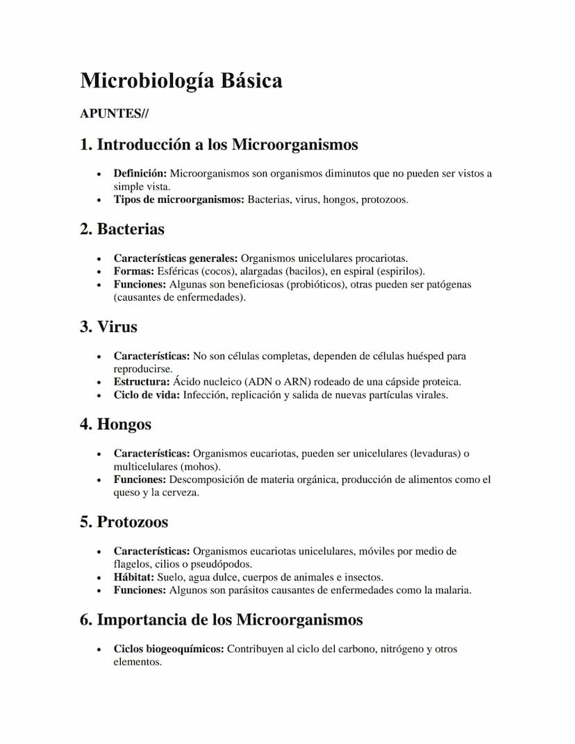 Microbiología Básica
APUNTES//
1. Introducción a los Microorganismos
•
.
Definición: Microorganismos son organismos diminutos que no pueden 