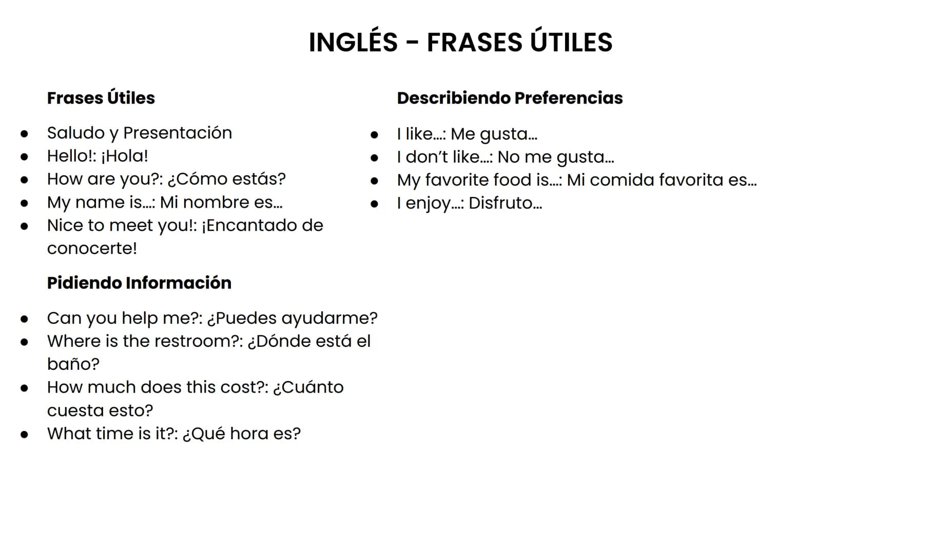 Frases Útiles
• Saludo y Presentación
Hello!: ¡Hola!
How are you?: ¿Cómo estás?
•
My name is....: Mi nombre es...
INGLÉS - FRASES ÚTILES
Des