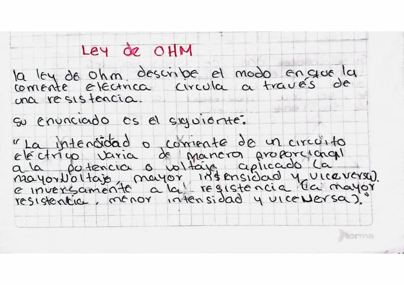 Ley de OHM
la ley de ohm describe el modo en que la
Comente
Electrica
una resistencia. _
Circula
Su enunciado es el siguiente:
"La intensida