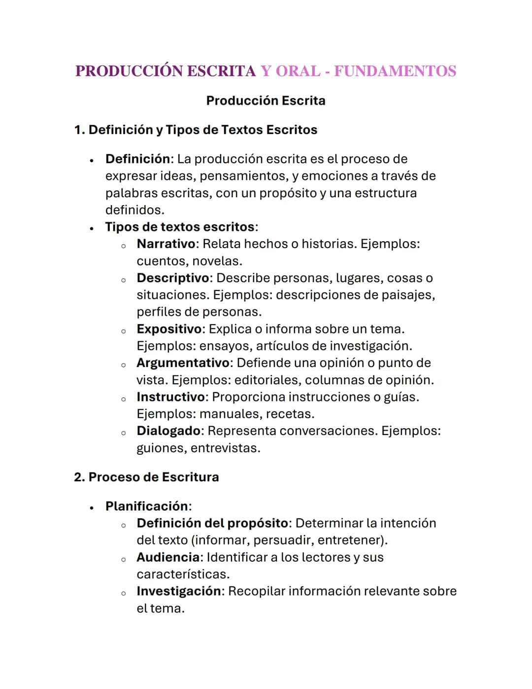 PRODUCCIÓN ESCRITA Y ORAL - FUNDAMENTOS
Producción Escrita
1. Definición y Tipos de Textos Escritos
•
Definición: La producción escrita es e