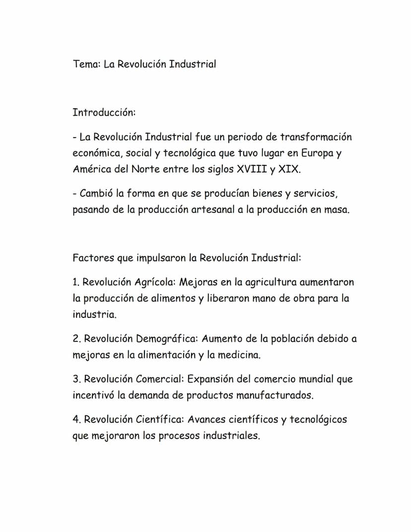 Tema: La Revolución Industrial
Introducción:
- La Revolución Industrial fue un periodo de transformación
económica, social y tecnológica que