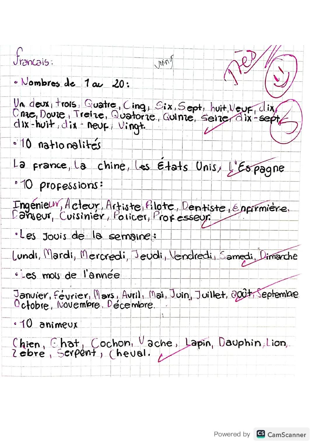 Frances: Números, nacionalidades, profesiones, días y meses, animales