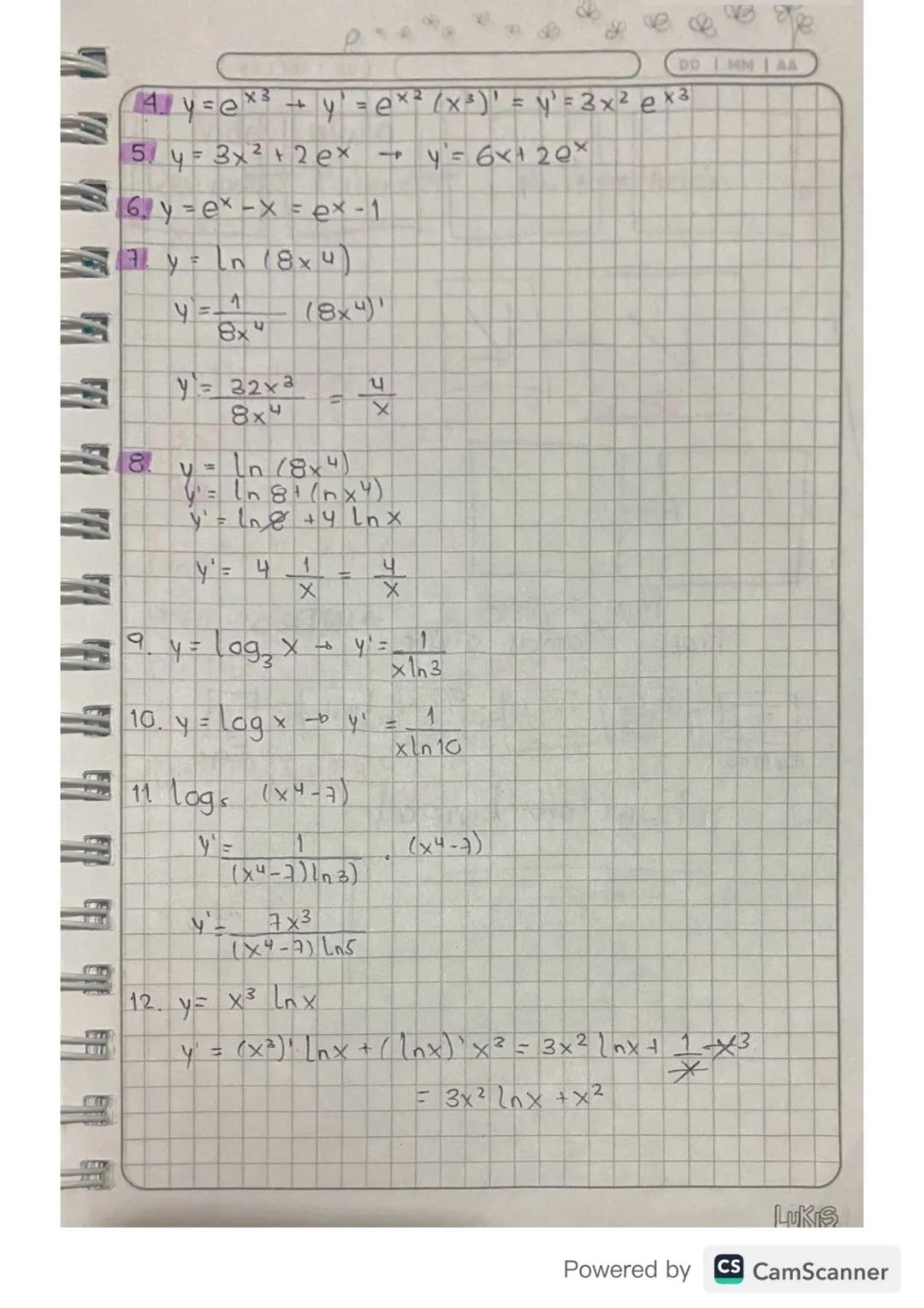SP
Derivadas logaritmicas
DD | MM | AA
y exponenciales
Propiedades de las logaritmos
(A.B) = log b A + Log B
a log
by log b
(A) = logb A
log
