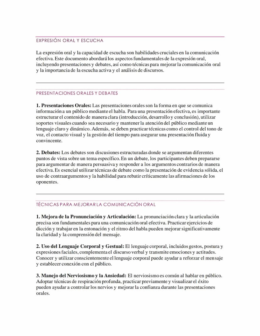 EXPRESIÓN ORAL Y ESCUCHA
La expresión oral y la capacidad de escucha son habilidades cruciales en la comunicación
efectiva. Este documento a