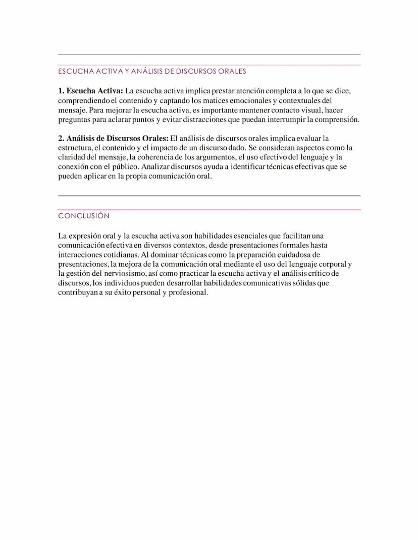 EXPRESIÓN ORAL Y ESCUCHA
La expresión oral y la capacidad de escucha son habilidades cruciales en la comunicación
efectiva. Este documento a
