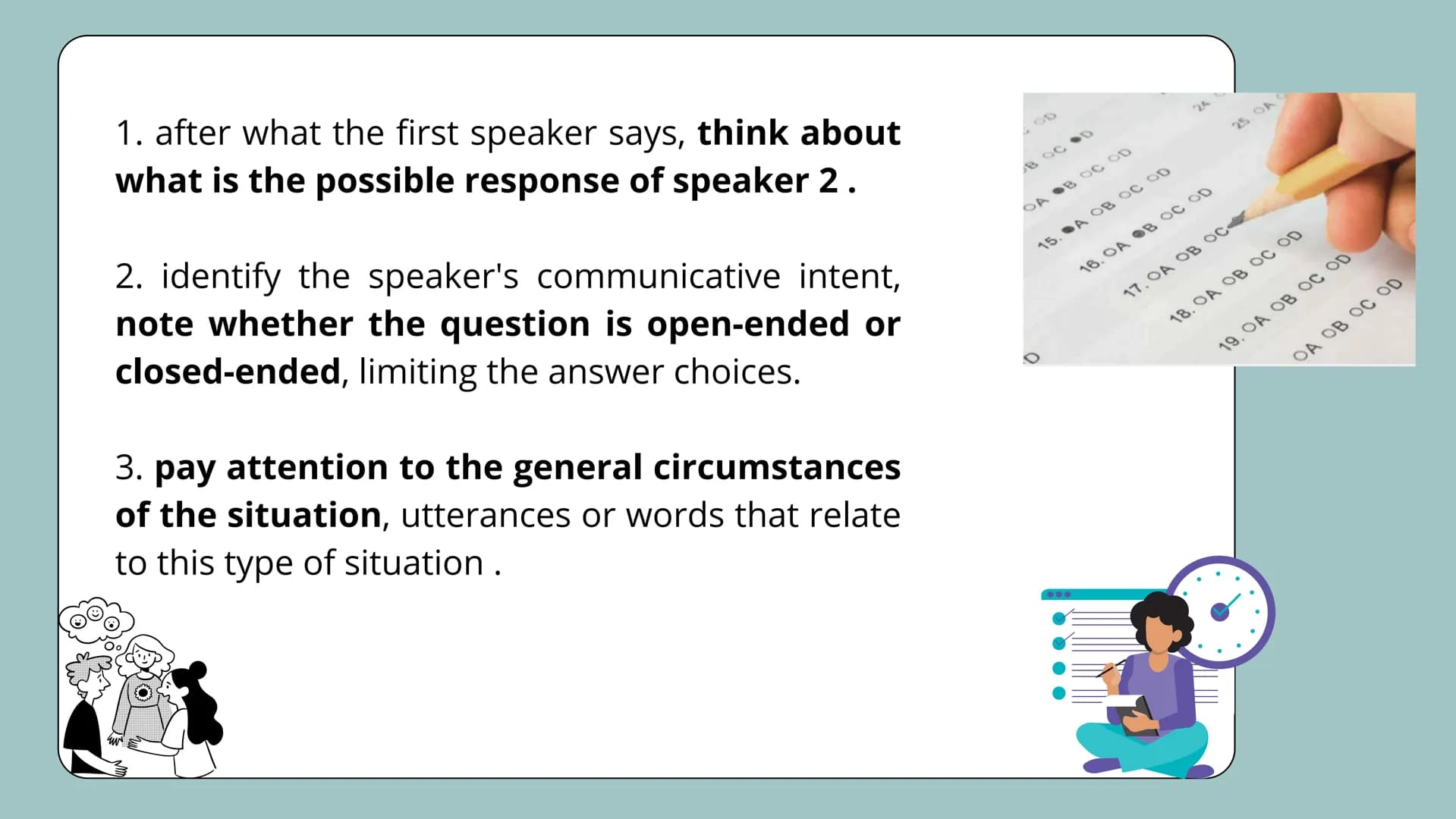 COMMUNICATIVE
KNOWLEDGE
conocimiento comunicativo ))
WHAT DO YOU EVALUATE?
the saber 11 test evaluates the ability to recognize the
appropri