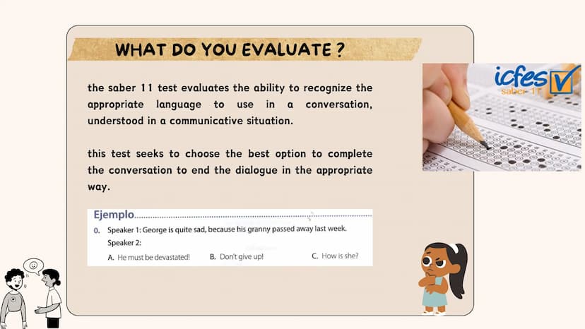 COMMUNICATIVE
KNOWLEDGE
conocimiento comunicativo ))
WHAT DO YOU EVALUATE?
the saber 11 test evaluates the ability to recognize the
appropri
