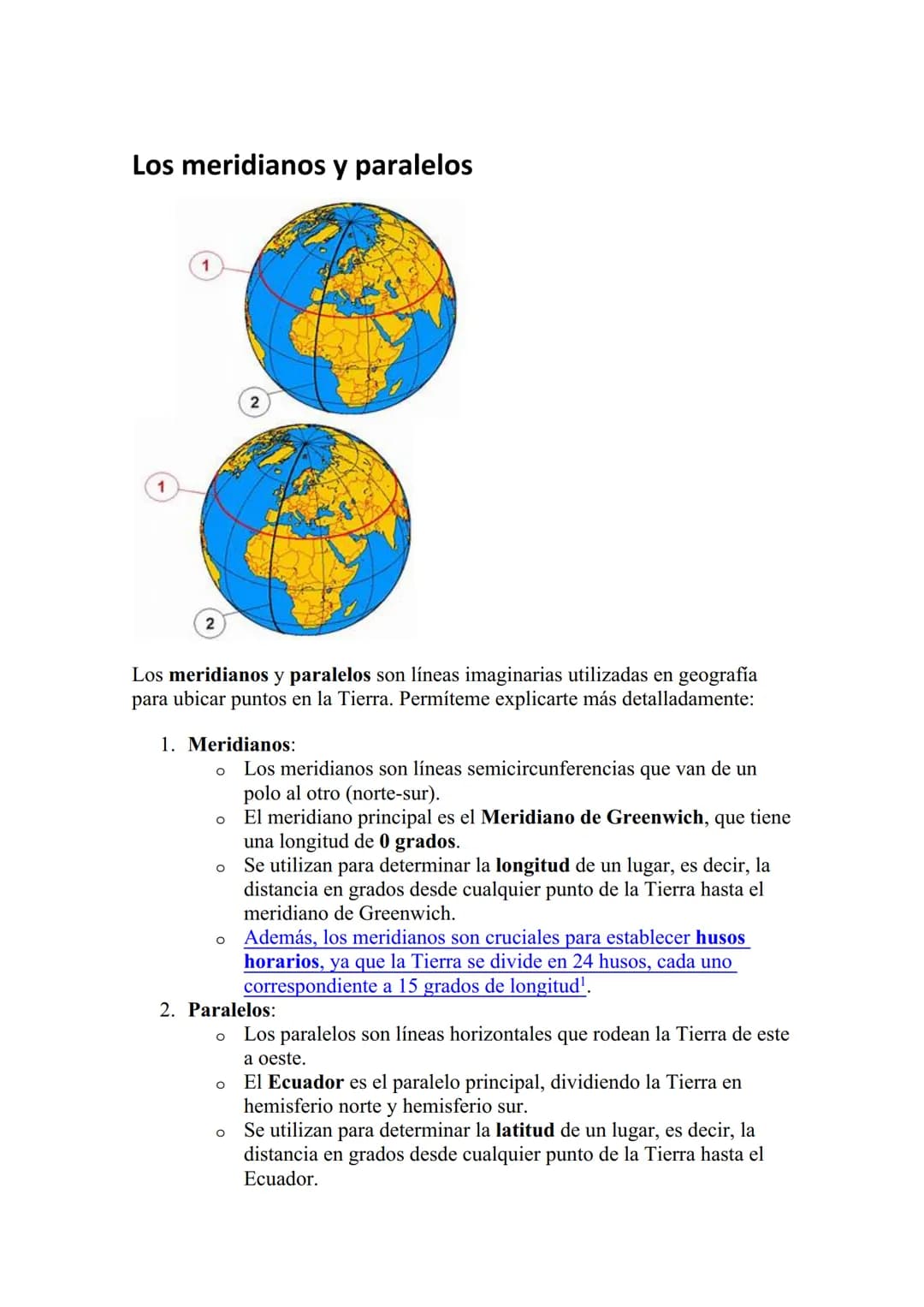 Los meridianos y paralelos
2
2
Los meridianos y paralelos son líneas imaginarias utilizadas en geografía
para ubicar puntos en la Tierra. Pe