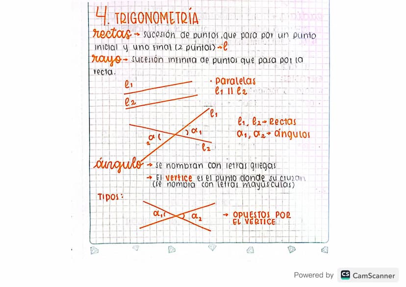 4. TRIGONOMETRÍA
rectas sucesión de puntos que pasa por un punto
Inicial y uno final (2 puntos) l
-
rayo- sucesión infinita de puntos que pa