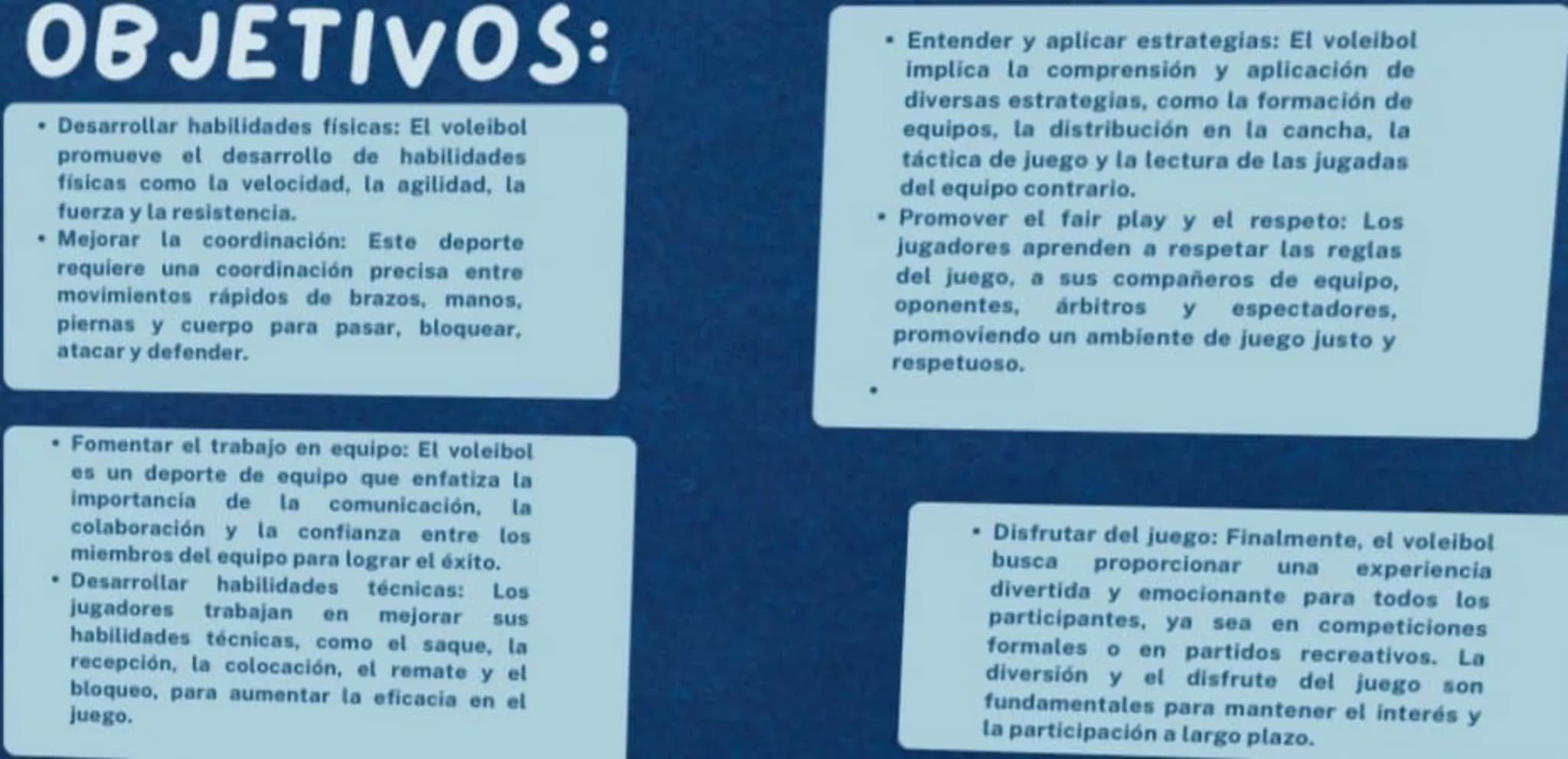 EL VOLEIBOL: UN
DEPORTE DE EQUIPO
DINȧMICO
* TABLA DE
CONTENIDO
.
Introducción
Objetivos
Desarrollo del trabajo
•
conclusiones
⚫ Referencias