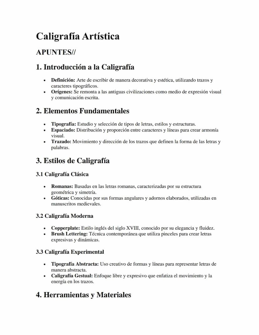 Caligrafía Artística
APUNTES//
1. Introducción a la Caligrafía
•
•
Definición: Arte de escribir de manera decorativa y estética, utilizando 