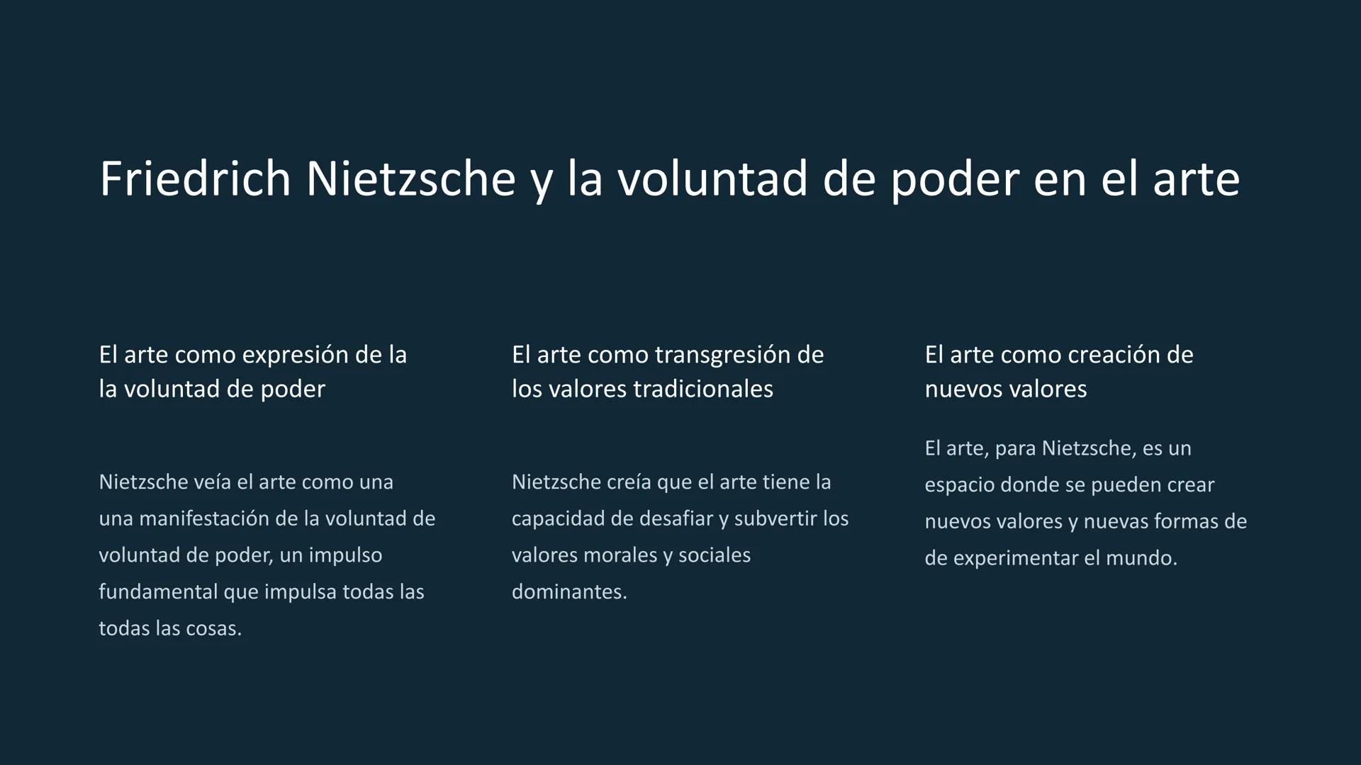 Filosofía del arte: Kant,
Hegel y Nietzsche
La filosofía del arte se ocupa de las preguntas
fundamentales sobre la naturaleza, la función y 