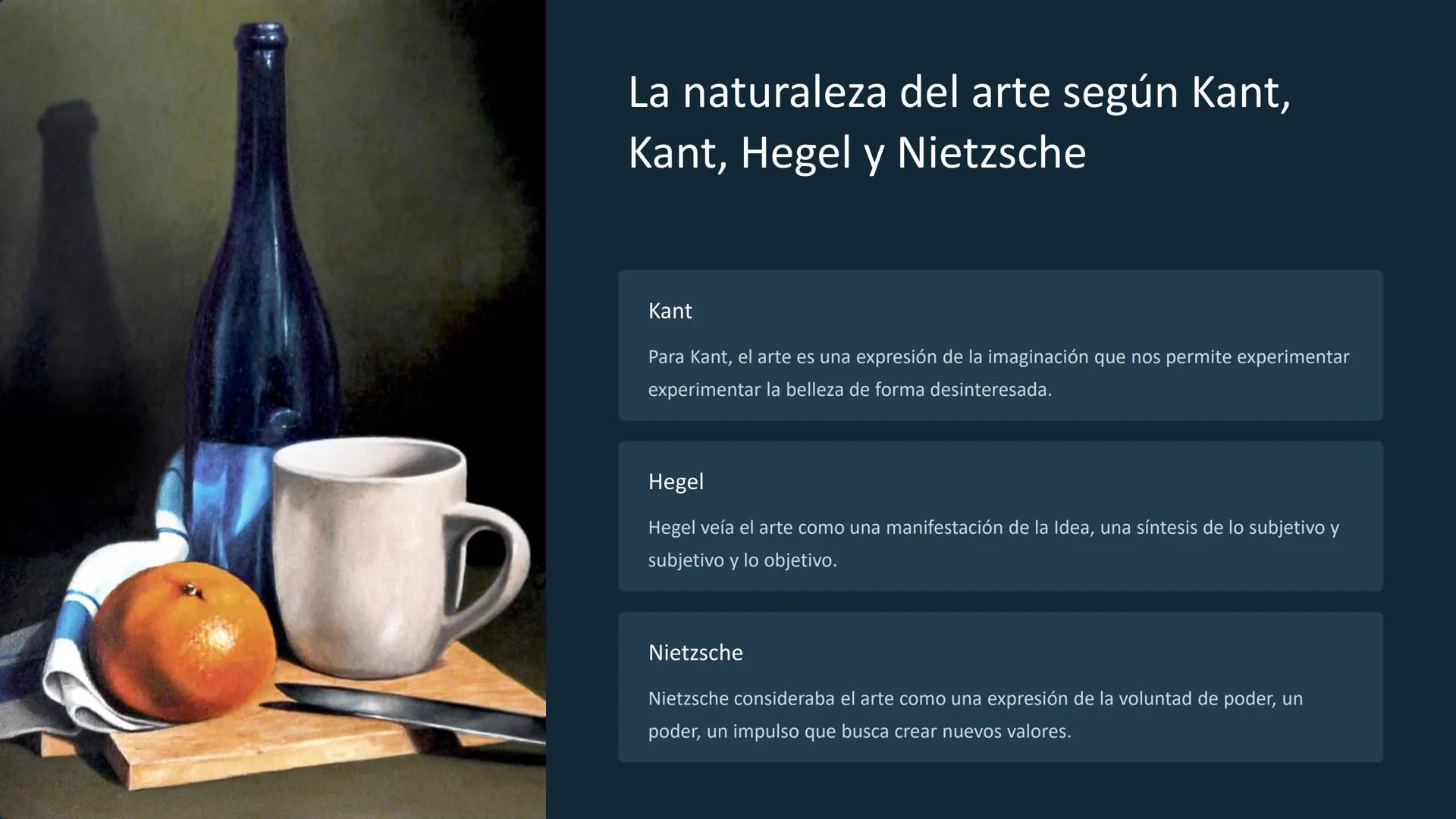 Filosofía del arte: Kant,
Hegel y Nietzsche
La filosofía del arte se ocupa de las preguntas
fundamentales sobre la naturaleza, la función y 