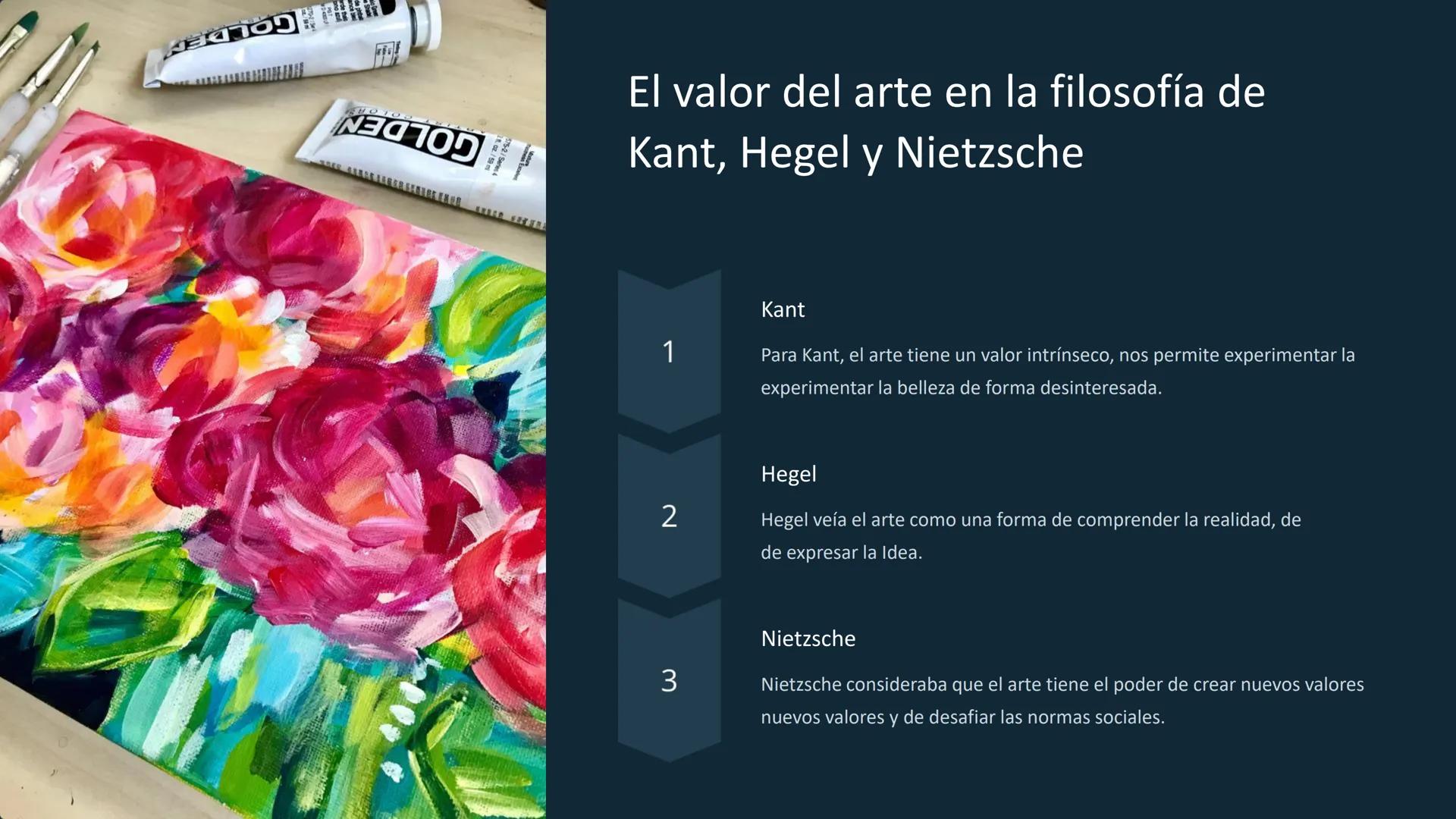 Filosofía del arte: Kant,
Hegel y Nietzsche
La filosofía del arte se ocupa de las preguntas
fundamentales sobre la naturaleza, la función y 