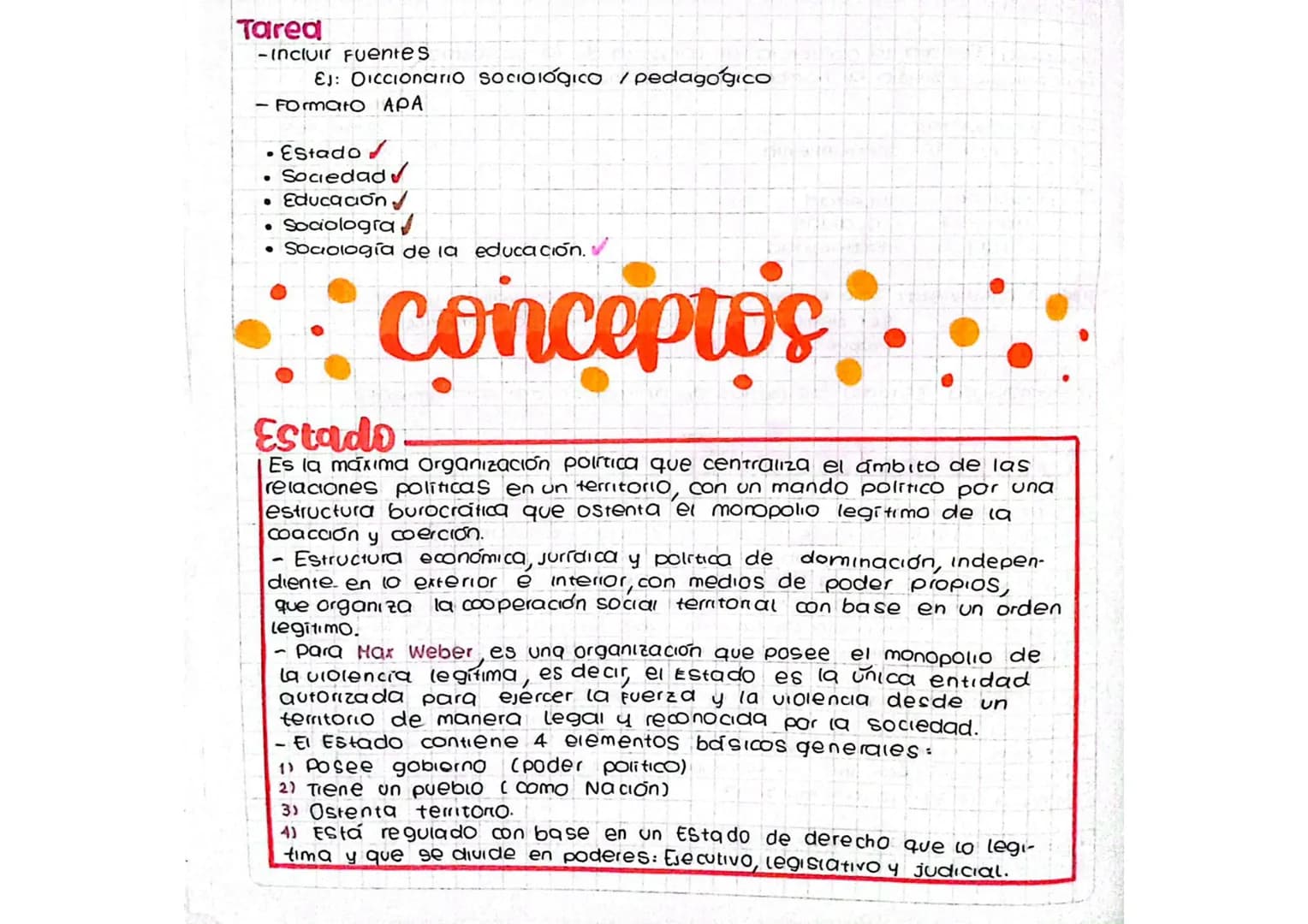 Tarea
-Incluir Fuentes
EJ: Diccionario Sociológico / pedagogico
- Formato APA
• Estado✔
• Sociedad✔
• Educacion✔
• Sociologra
• Sociología d
