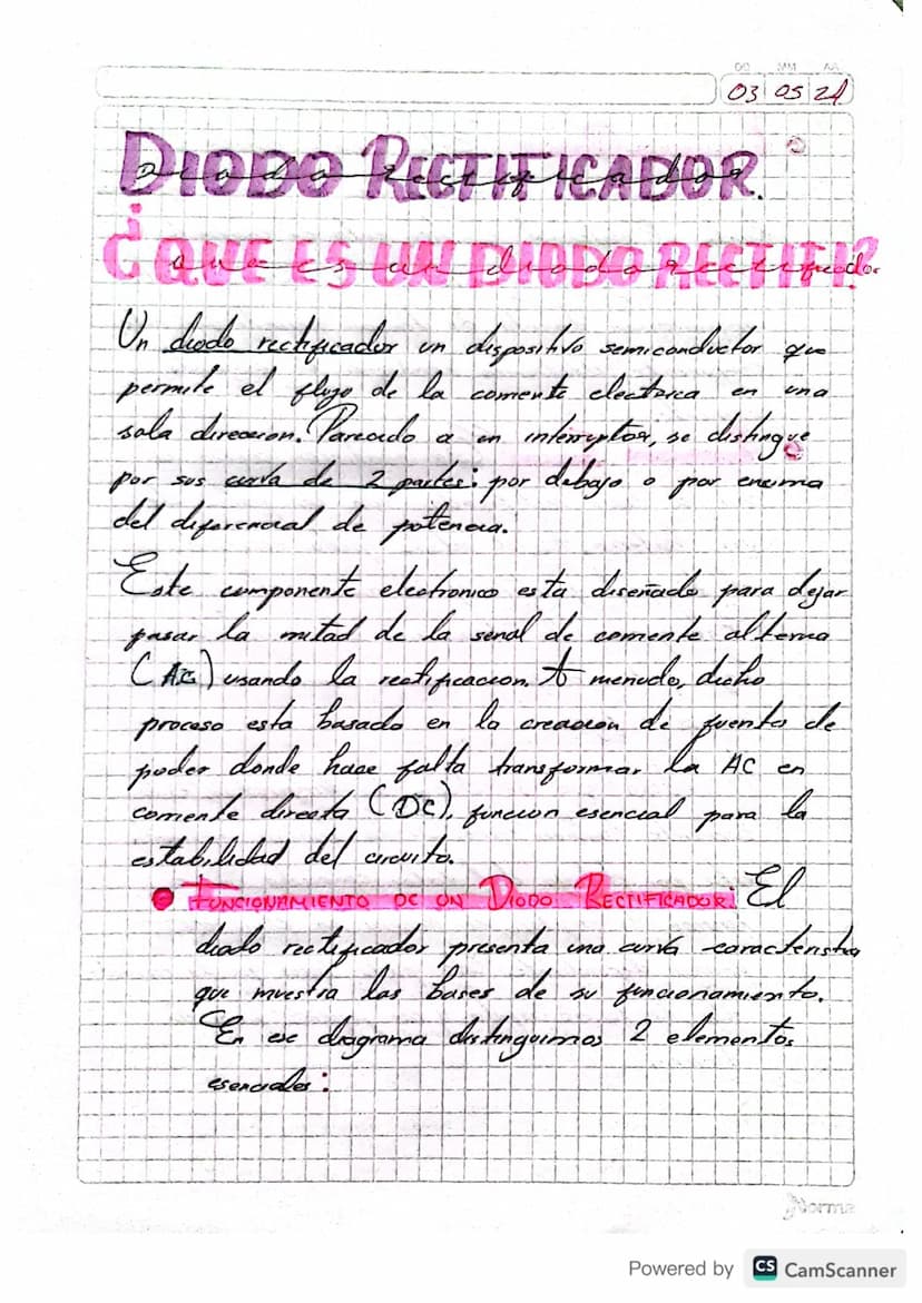 MM
03 05 24
DIODO RECTIFICADOR
¿QUE ES UN PUODO RECTIFIC
una
On diede rectificador un disposit to semiconductor que
permite et plage de la c