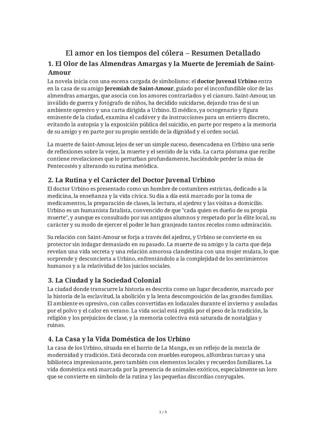 El amor en los tiempos del cólera - Resumen Detallado
1. El Olor de las Almendras Amargas y la Muerte de Jeremiah de Saint-
Amour
La novela 