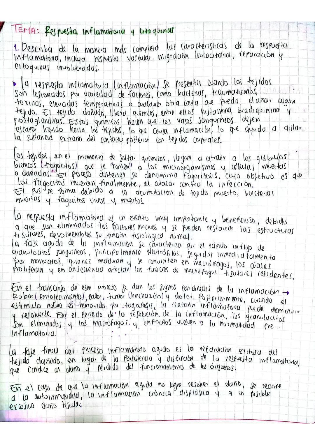# TEMA: Respuesta, Inflamatoria y Citoquinas

1.  Describa de la manera más completa las caracteristicas de la respuesta.
Inflamatora, inclu