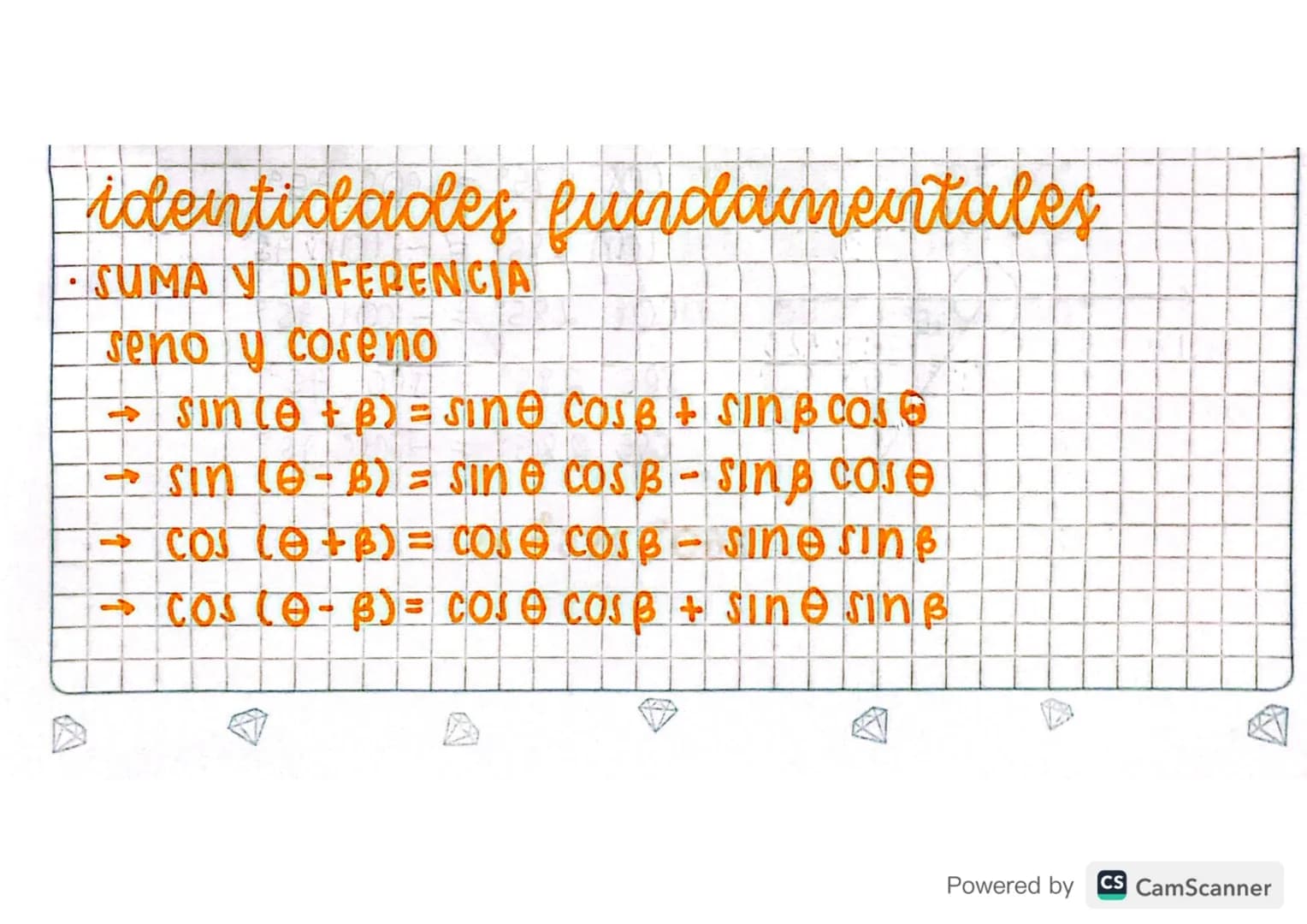 - identidades fundamentales
SUMAY DIFERENCIA
seno y coseno
→ SIN (A + B) = sine COSB + SIN B COJ G
→ Sin (0-B) = sine COSB - Sing Cose
→ COJ