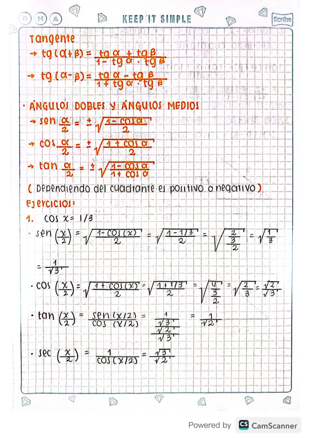 - identidades fundamentales
SUMAY DIFERENCIA
seno y coseno
→ SIN (A + B) = sine COSB + SIN B COJ G
→ Sin (0-B) = sine COSB - Sing Cose
→ COJ