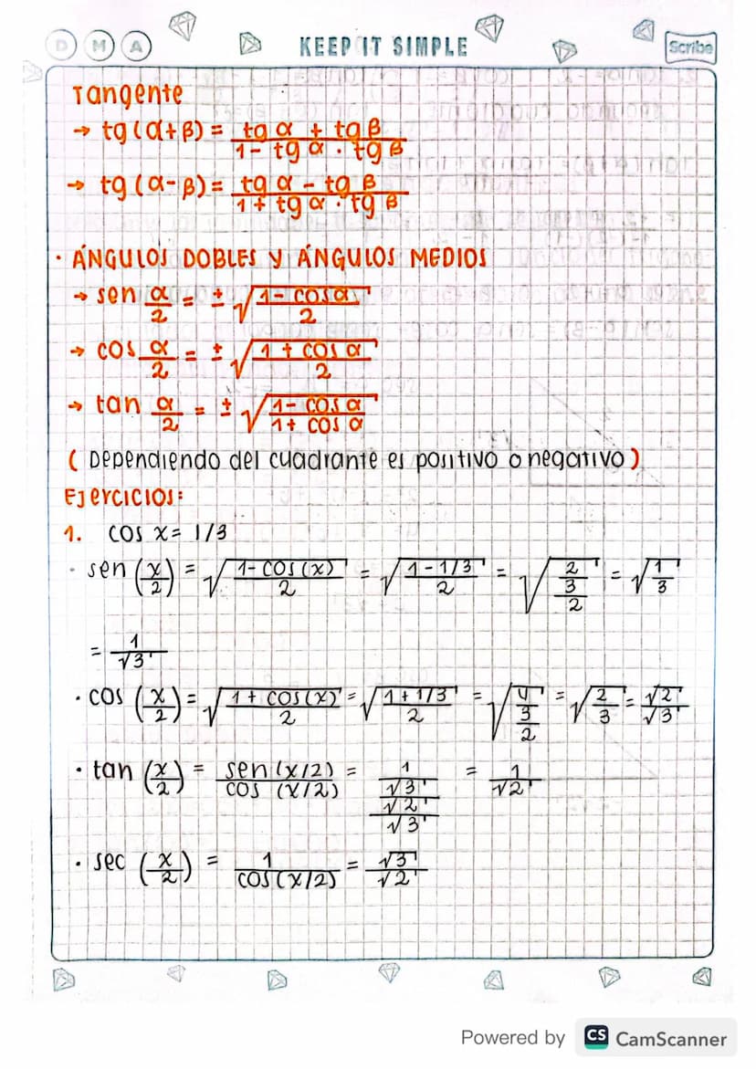 - identidades fundamentales
SUMAY DIFERENCIA
seno y coseno
→ SIN (A + B) = sine COSB + SIN B COJ G
→ Sin (0-B) = sine COSB - Sing Cose
→ COJ