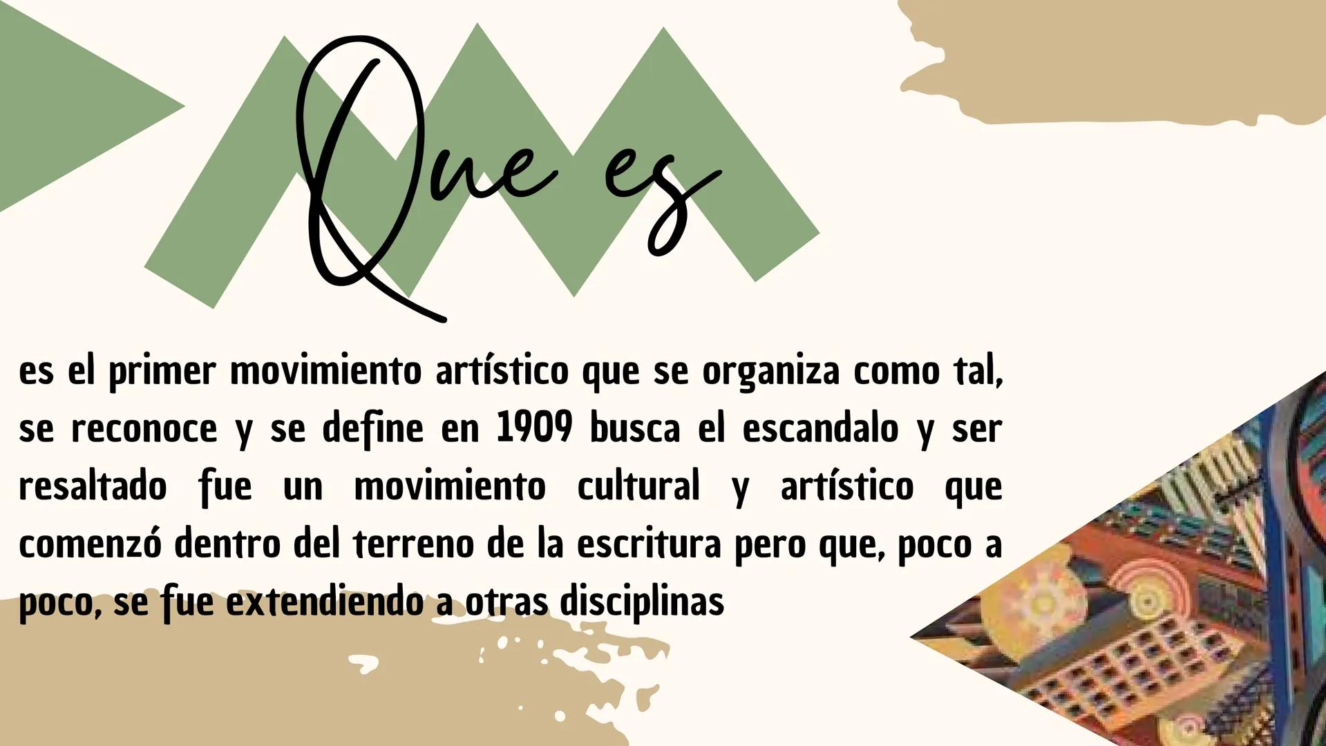 futurismo Que es
es el primer movimiento artístico que se organiza como tal,
se reconoce y se define en 1909 busca el escandalo y ser
resalt