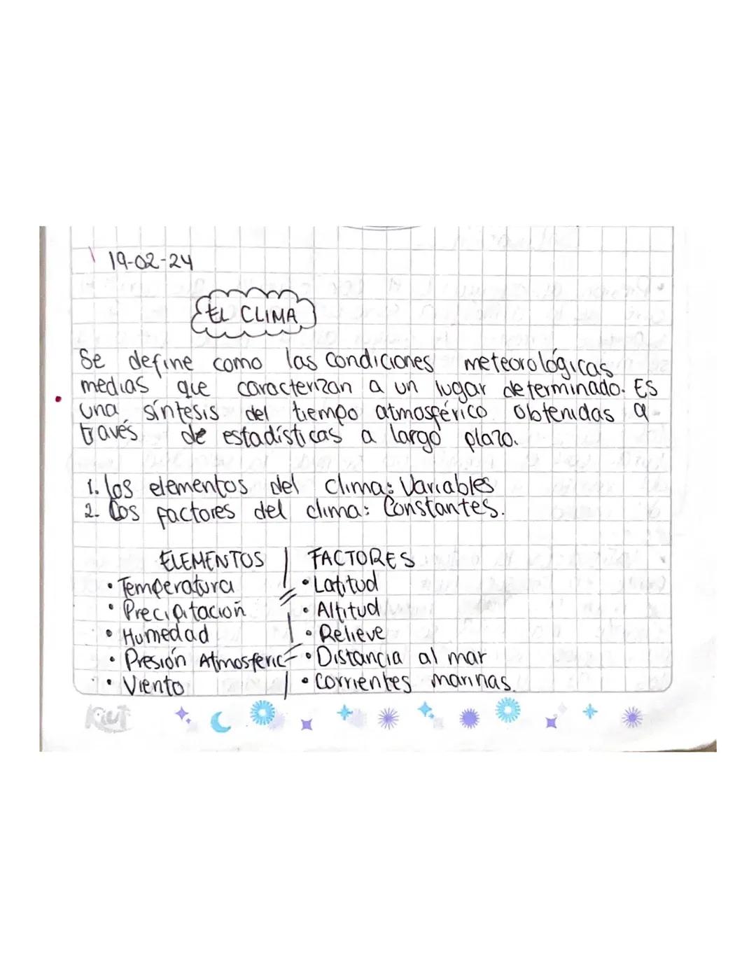 19-02-24
EL CLIMA
26
Se define como las condiciones meteorológicas.
medias que caracterizan a un lugar determinado. Es
una, sintesis del tie