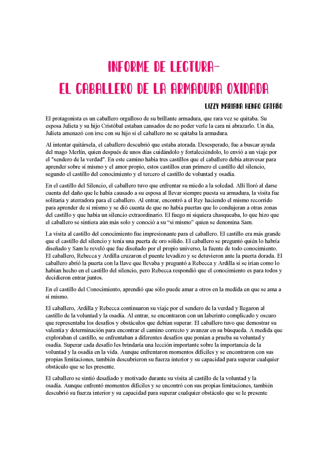 Informe de lectura sobre el caballero de la armadura oxidada