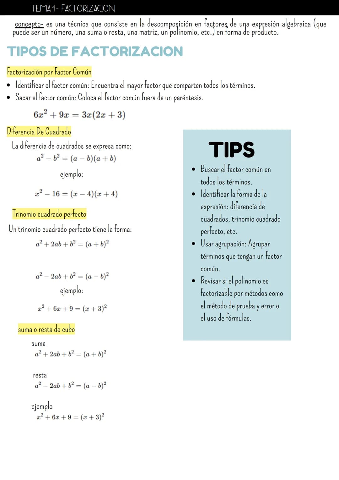 TEMA 1- FACTORIZACION
concepto es una técnica que consiste en la descomposición en factores de Luna
expresión algebraica (que
puede ser un n