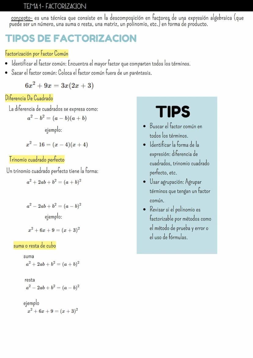 TEMA 1- FACTORIZACION
concepto es una técnica que consiste en la descomposición en factores de Luna
expresión algebraica (que
puede ser un n