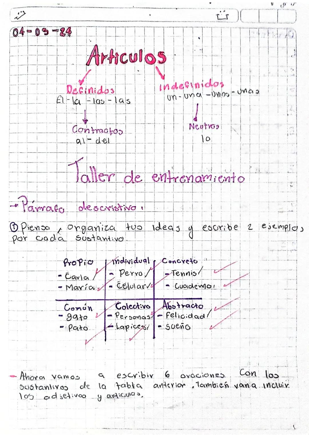 04-03-24

# Articulos

Definidos
El-la-las-las

Indefinidos
un-una-unas-unas

Contractos
al-del

Neutros
10

Taller de entrenamiento

- Párr