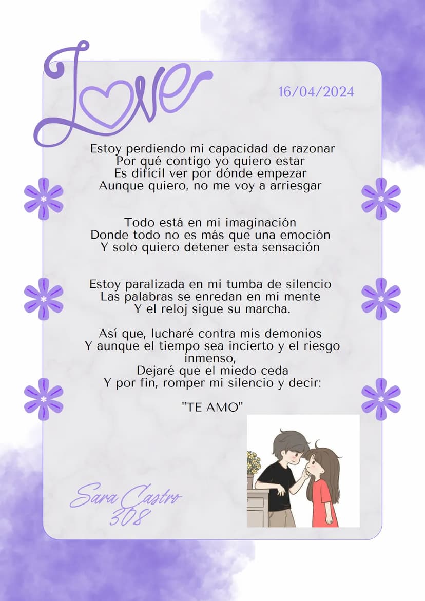 Love
16/04/2024
Estoy perdiendo mi capacidad de razonar
Por qué contigo yo quiero estar
Es difícil ver por dónde empezar
Aunque quiero, no m