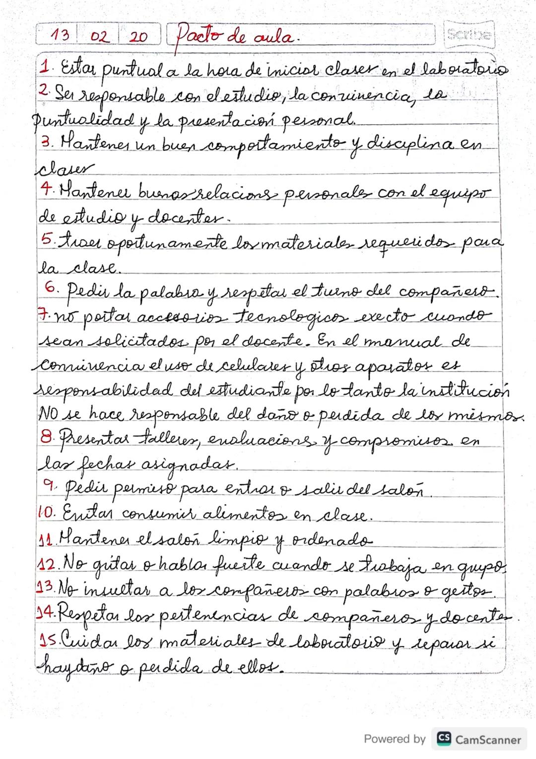 13 02 20 Pacto de aula.
Scribe
1. Estar puntual a la hora de inicior claser en el laboratorio
2. Ser responsable con el estudio, la conviven