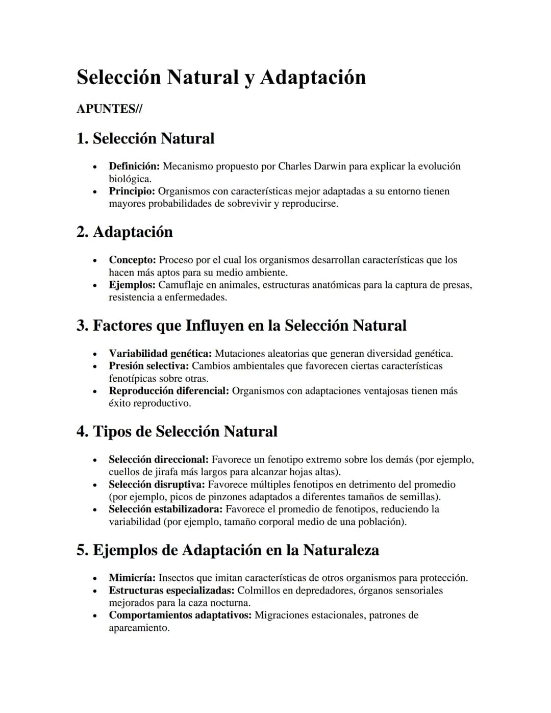 Selección Natural y Adaptación
APUNTES//
1. Selección Natural
•
•
Definición: Mecanismo propuesto por Charles Darwin para explicar la evoluc