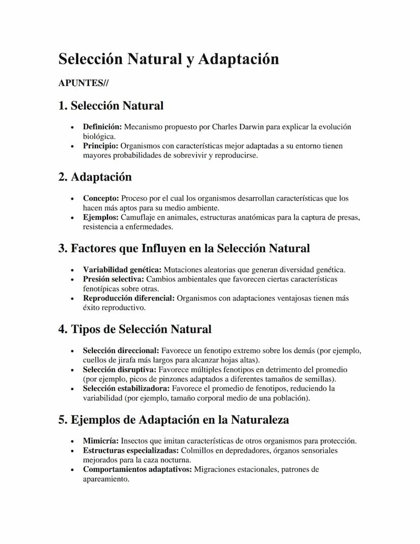 Selección Natural y Adaptación
APUNTES//
1. Selección Natural
•
•
Definición: Mecanismo propuesto por Charles Darwin para explicar la evoluc