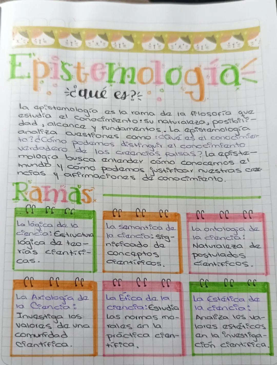 # Epistemología

la apistemología es la rama de la fflosofía que
estudia el conocimiento: su naturalaza, posibiliー
dad, alcance y fundamento