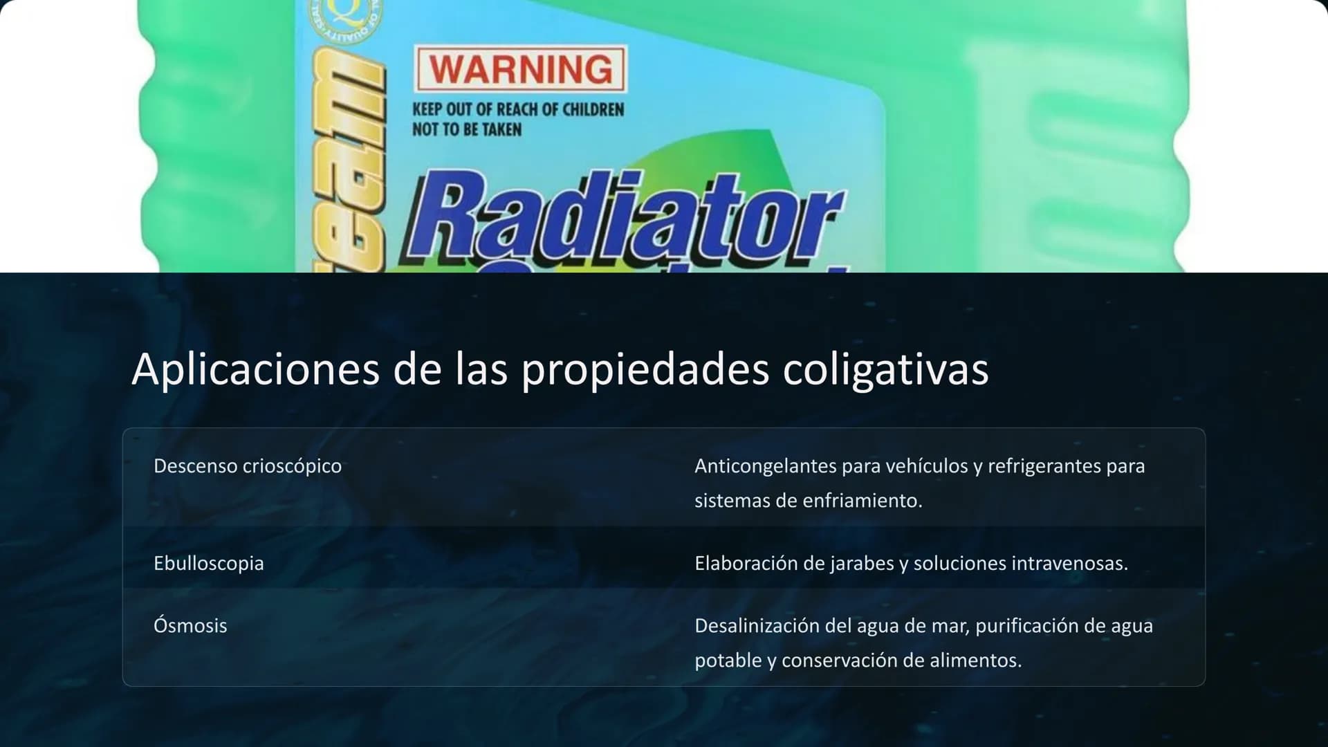 Propiedades
coligativas
Las propiedades coligativas son propiedades físicas de las soluciones
que dependen únicamente de la concentración de