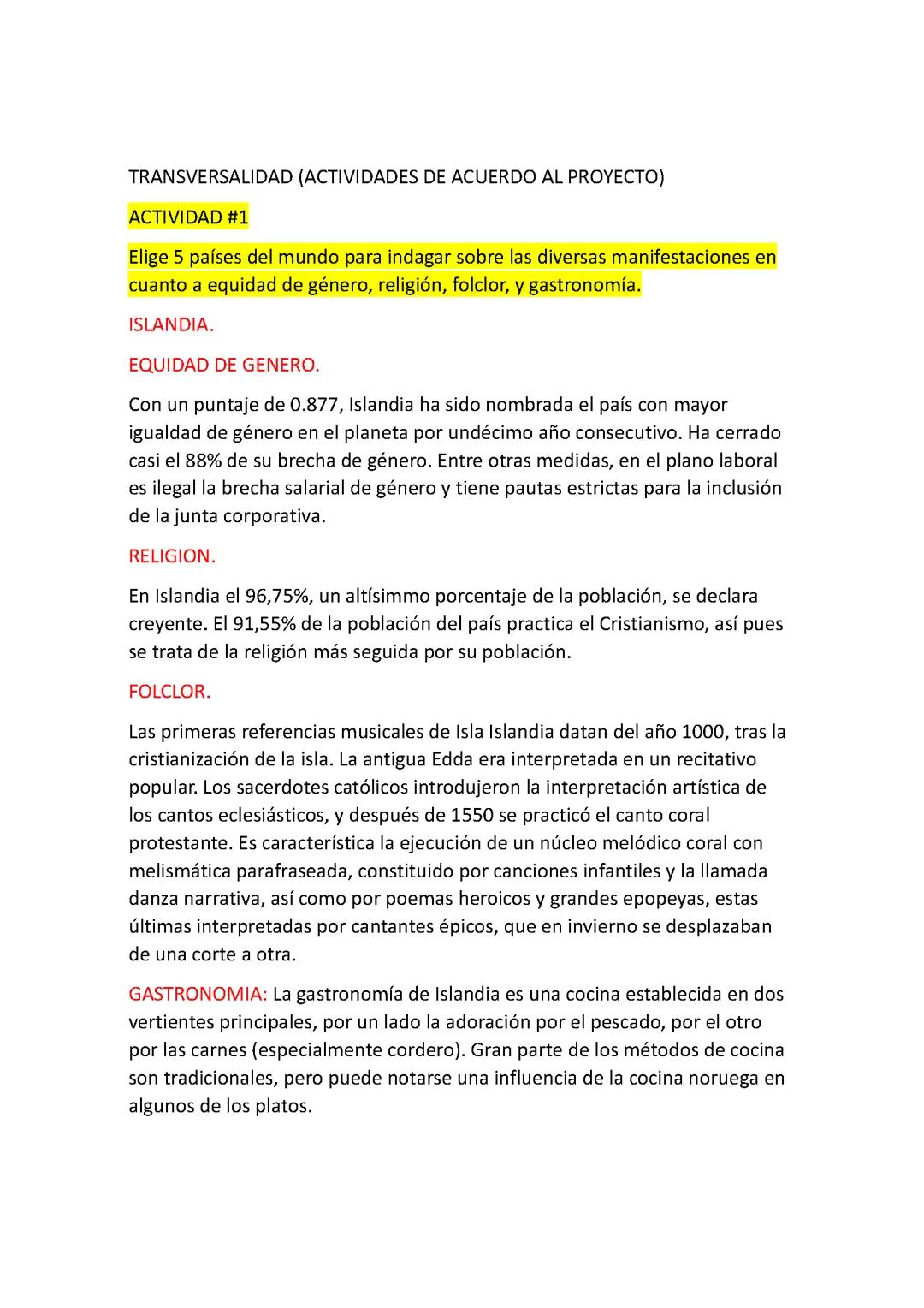 Manifestaciones de países en equidad de género, religión, folclor, y gastronomía