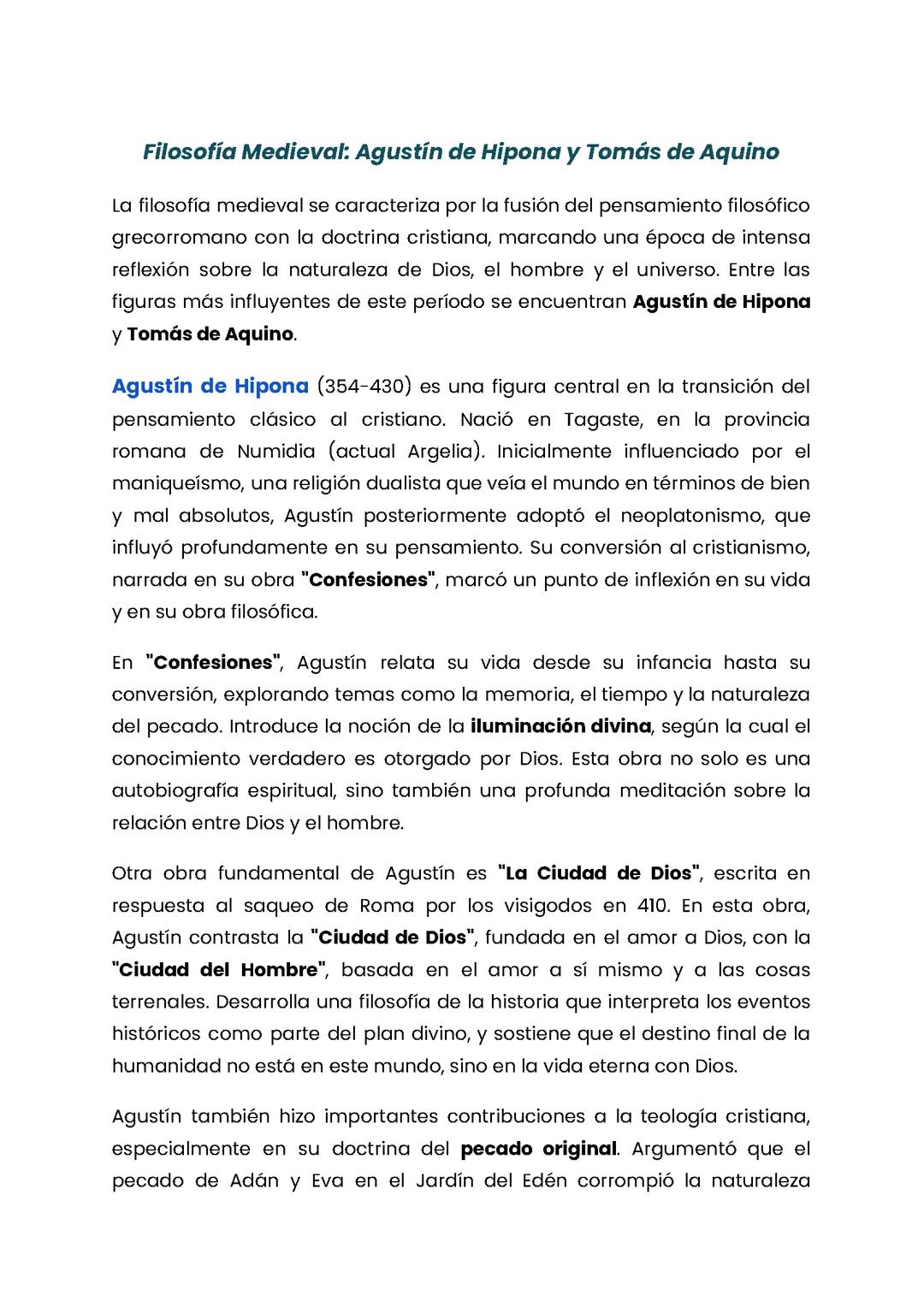 Filosofía Medieval: Agustín de Hipona y Tomás de Aquino