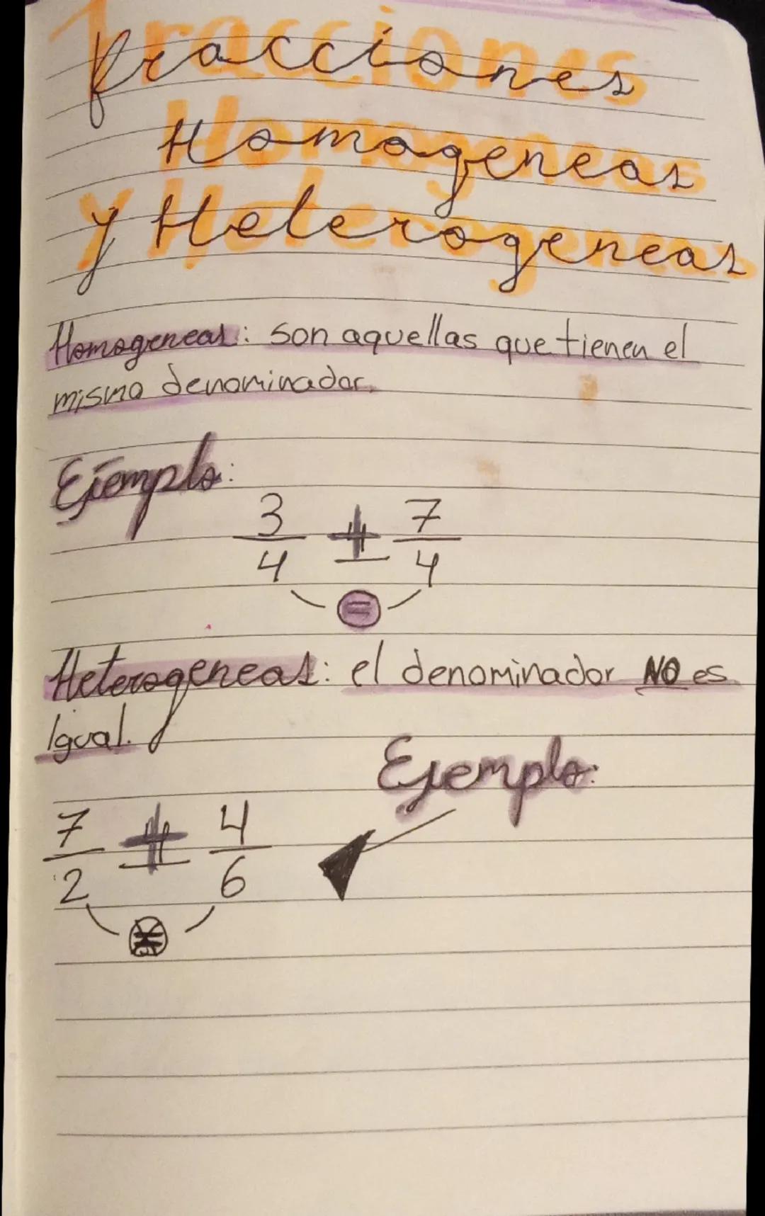 peacciones
Homogeneas
y Heterogenear
Homogenear: son aquellas que tienen el
misma denominadar.
Ejemplo:
$
\frac{3}{4} \pm \frac{7}{4}
$
Hete