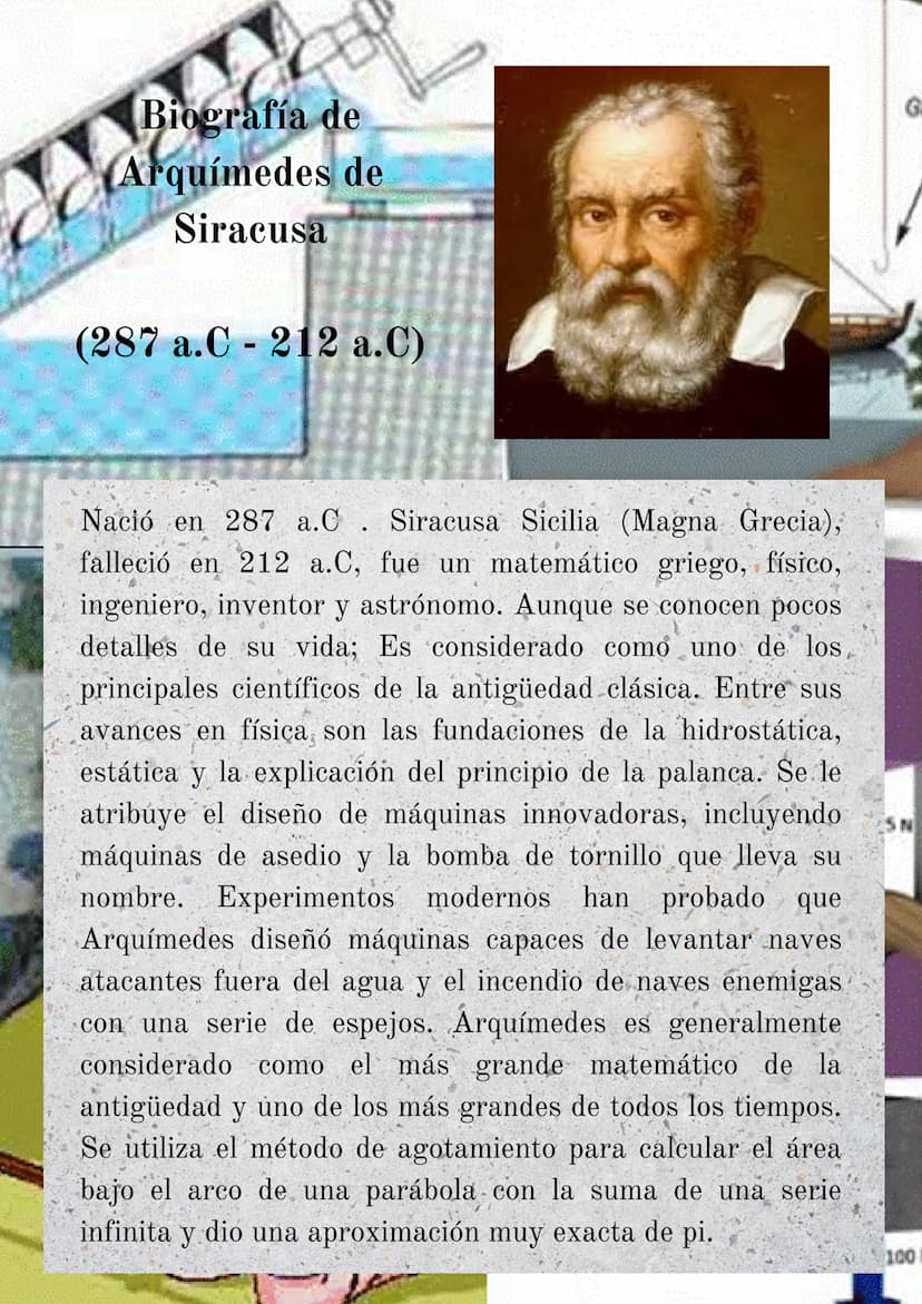 Biografía de
Arquímedes de
Siracusa
(287 a.C 212 a.C)
-
G
Nació en 287 a.C. Siracusa Sicilia (Magna Grecia),
falleció en 212 a.C, fue un mat