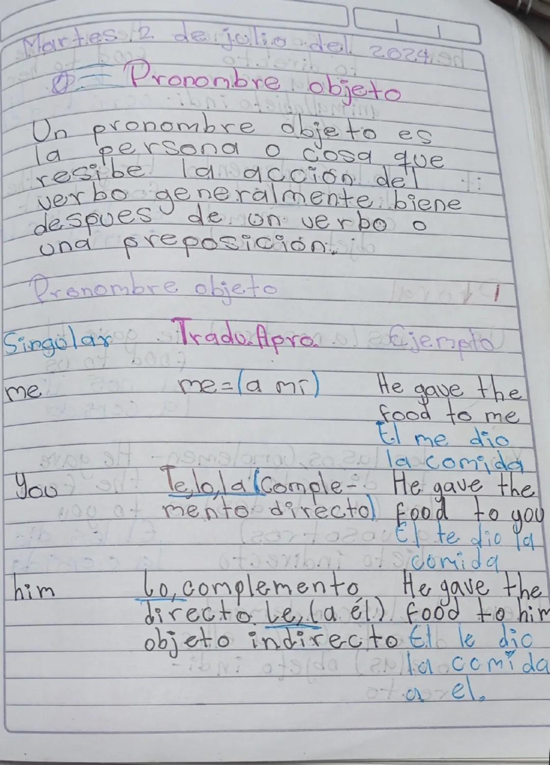 Martes 2 de julio del 2024190
- Pronombre. objeto
Un pronombre objeto es
la persona o cosa que
resbe la acción del :
verbo generalmente. bie