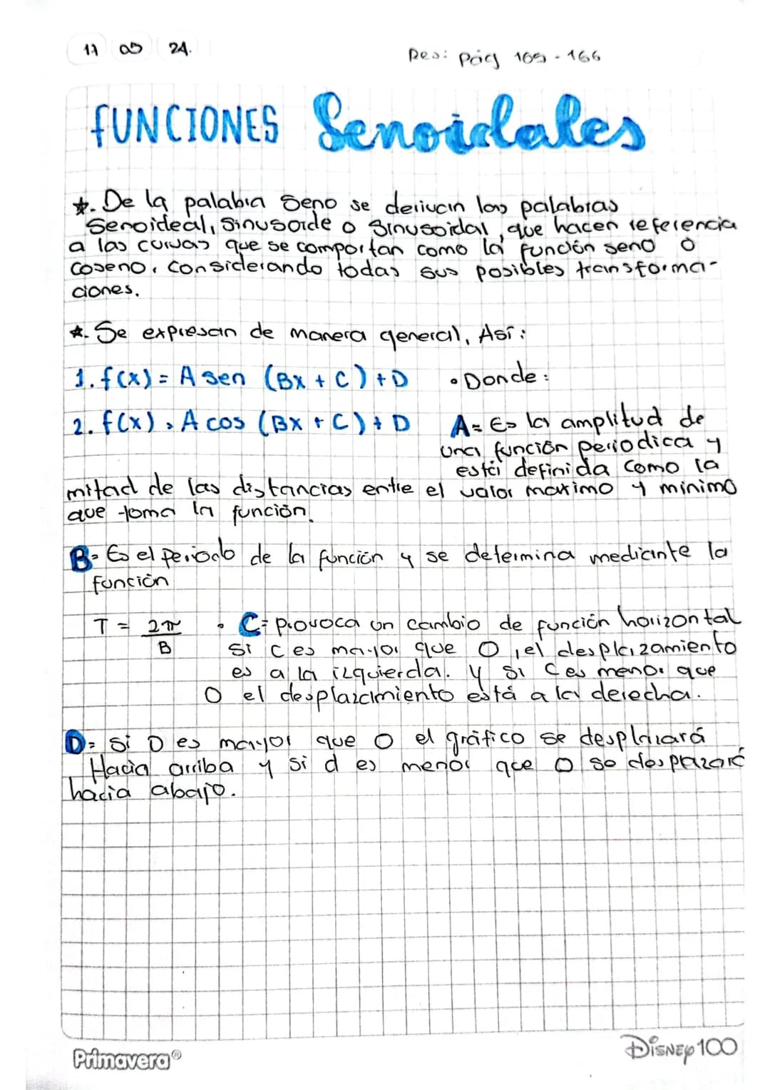 12 05 24.
Des: Poig 165 166
FUNCIONES Senoidales
*. De la palabra Seno se delivain las palabras
Senoideal, Sinusoide o Sinusoidal, que hacen