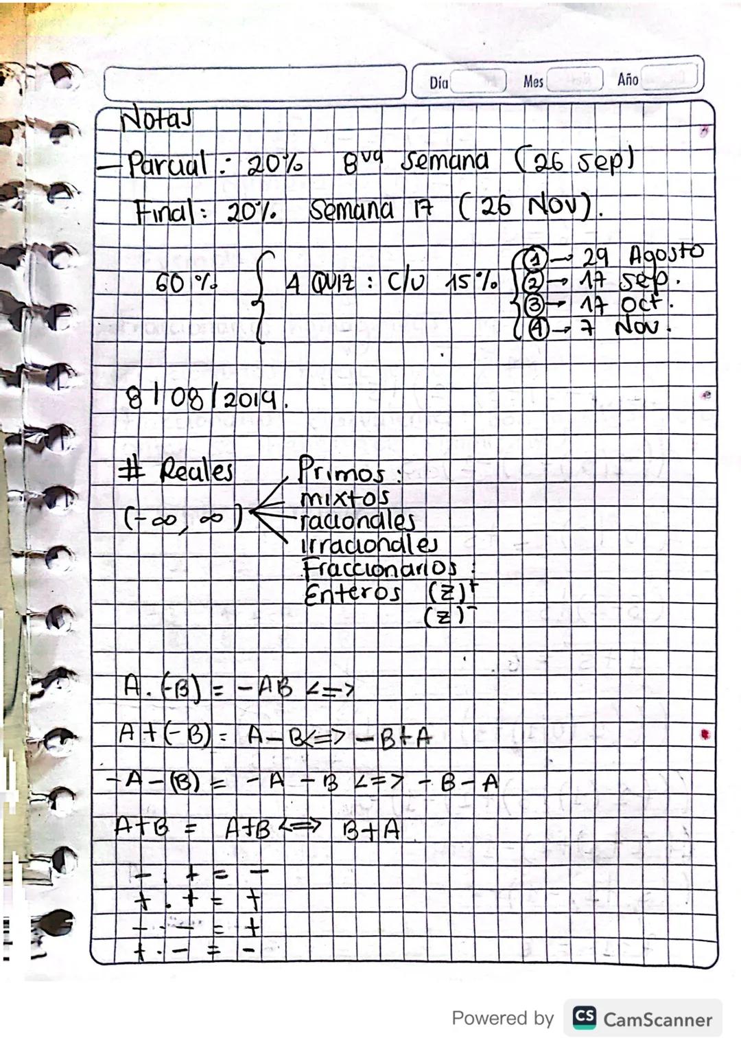 Día 06 Mes 08 Año 19
Semestre
④Generalidades
#Reales
500,00
'
# primos 133, 5, 7 Sirven para Simplificar
195
Fraccionarios ☑
-
(②2) Potencia